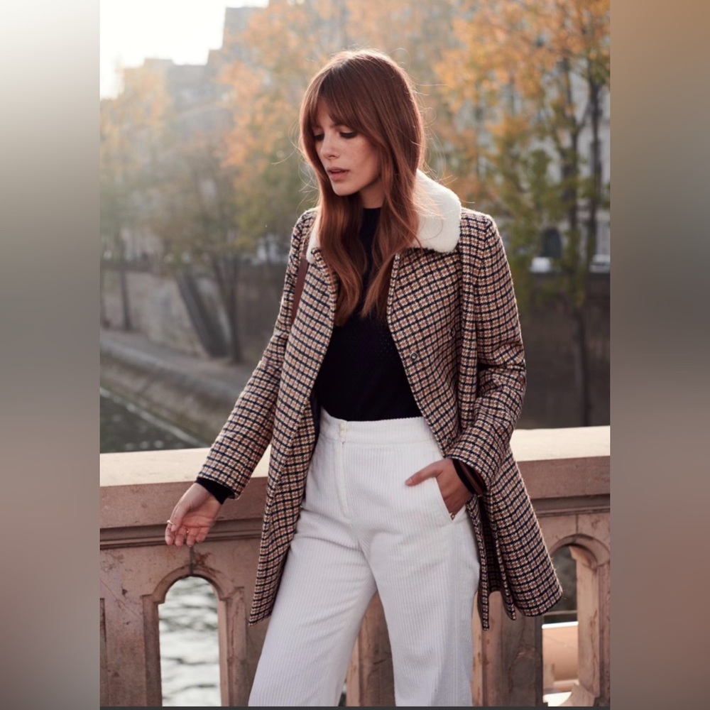 Sezane Plaid Coat with Cream Collar